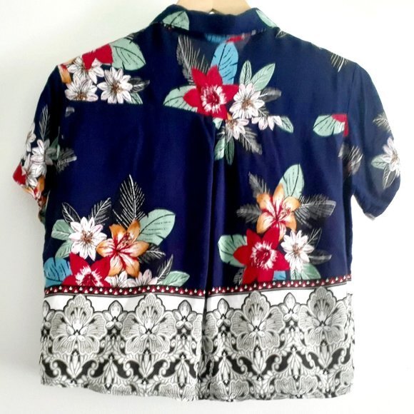 Hawaiian Style Two Toned Navy Gray Floral Short Sleeve Womens Button Shirt S-M - Picture 4 of 10